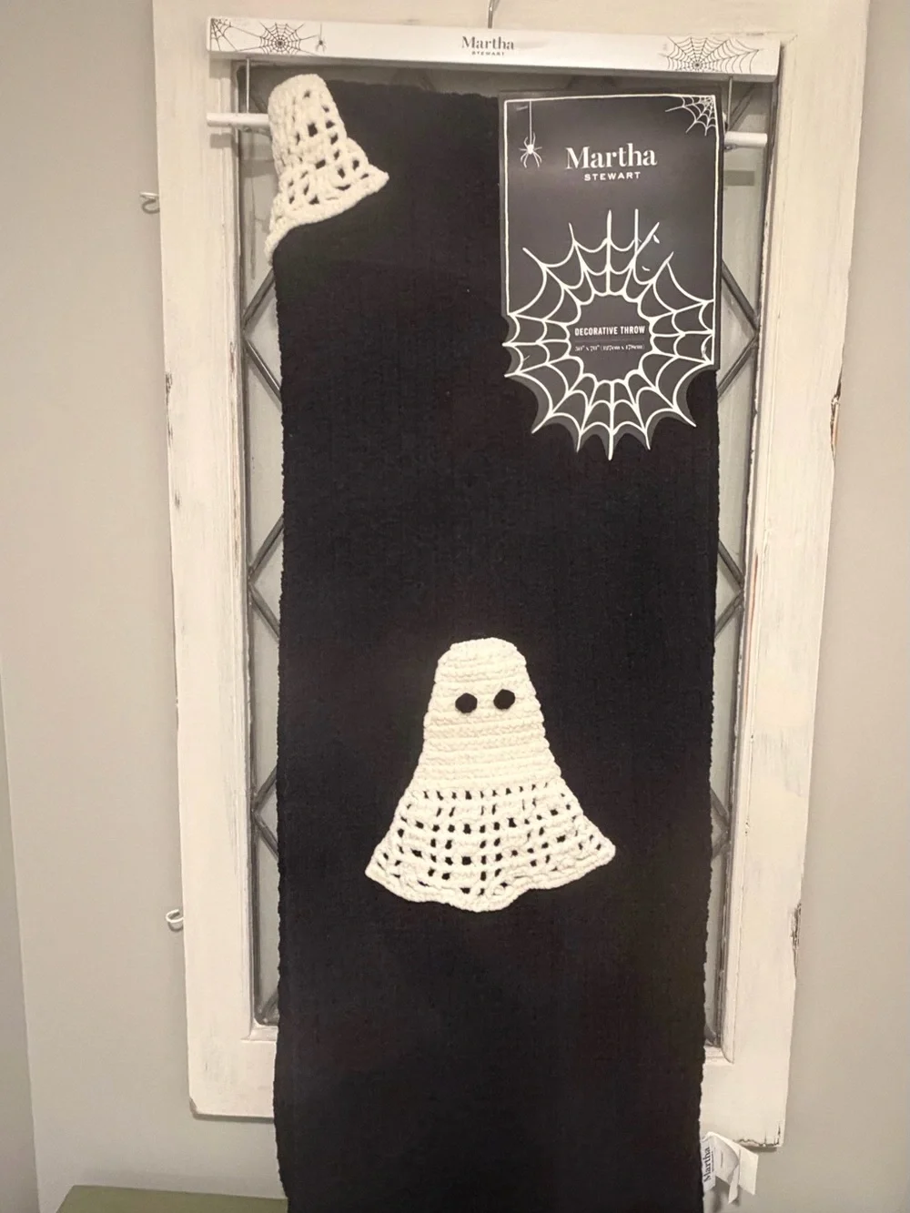 Martha Stewart Black Ghost Crochet Throw Blanket NWT Halloween cozy 50 x 70”